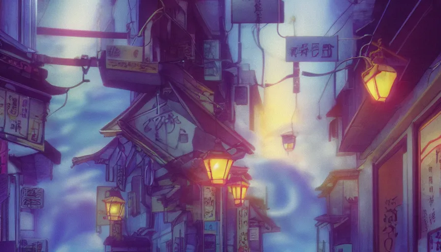 Image similar to A film still from a 1990s Sailor Moon cartoon featuring a moody street in Japan with a waterfall and lanterns, lofi aesthetic, golden hour, cinematic look, film grain, high detail, high resolution, 8k