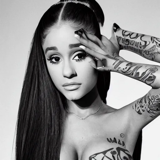 Image similar to ariana grande recursive photo beautiful ariana grande photo bw photography 130mm lens. ariana grande backstage photograph posing for magazine cover. award winning promotional photo. !!!!!COVERED IN TATTOOS!!!!! TATTED ARIANA GRANDE NECK TATTOOS. Zoomed out full body photography. Dramatic pose, reclining