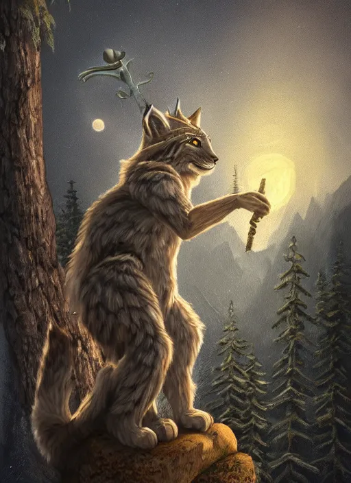 Prompt: anthropomorphic lynx holding a golden shiny scepter, night, spruce trees on the sides, mountains in the background, eerie dark atmosphere, moonlit, back light, fantasy movie, fantasy art, fantasy matte painting, trending on artstation