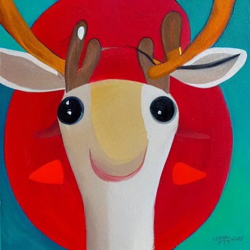 Prompt: painting of a smiling reindeer waiting for a taxi, colorful, cheerful