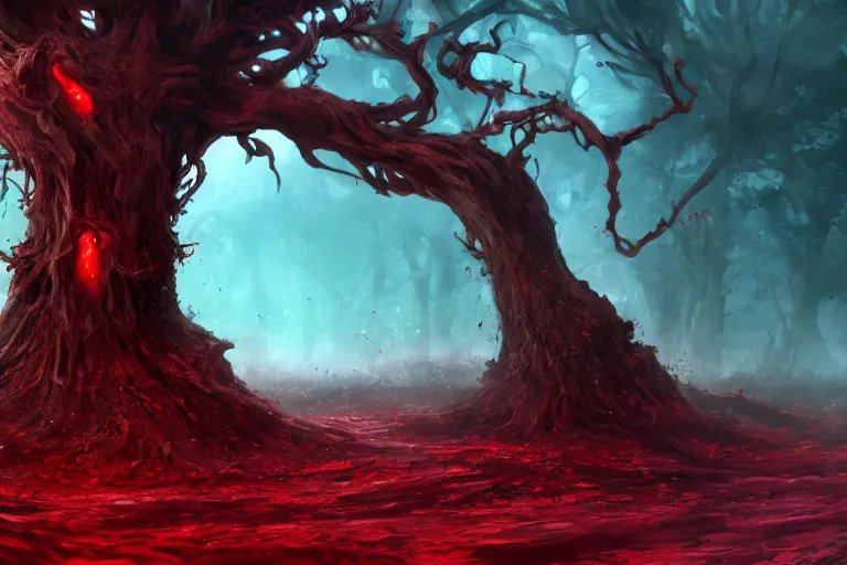 Image similar to a giant rotting tree with crimson water flowing through its roots surrounded by moths, concept art, digital painting, trending on artstation, deviantart, highly detailed, perfect composition, dramatic lighting, sharp focus, 8 k uhd