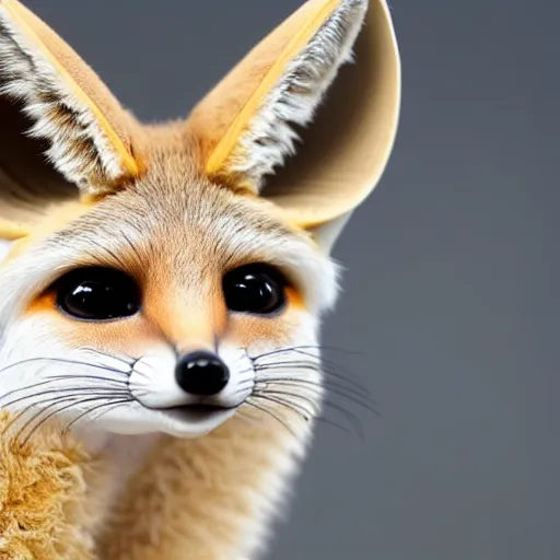 Prompt: close-up portrait of a fennec fox, hyper-realistic, incredibly detailed, highly textured, very beautiful, high contrast studio lighting, 50mm lens