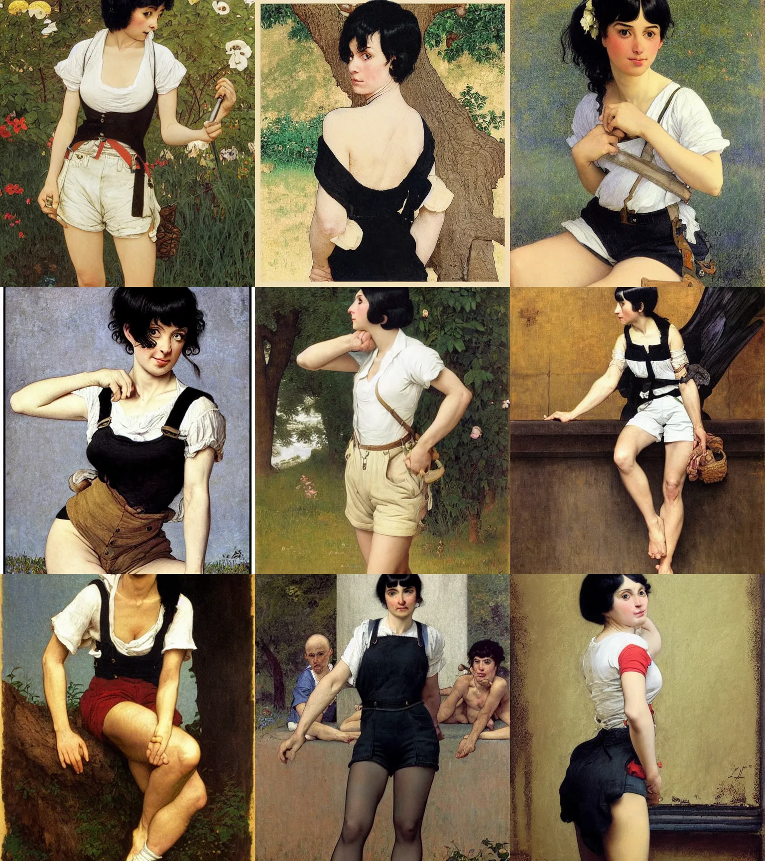 Prompt: a woman with black hair and long pixie haircut in shorts with suspenders and white t-shirt drawn by Jacques-Louis David, norman rockwell, frank frazetta, alphonso azpiri, maler collieri, peter paul rubens, alphonse mucha, gustav klimt 4k, unreal 5, DAZ, french noveau, trending on artstation, octane render, hyperrealistic