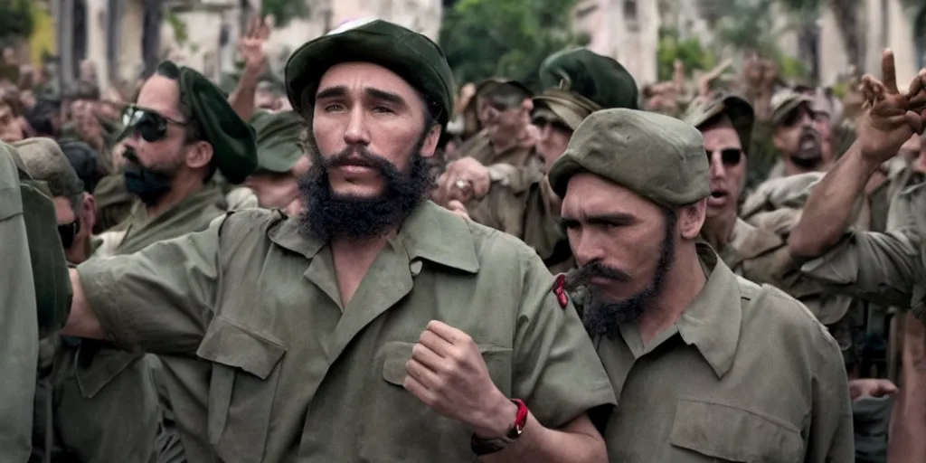 Prompt: James Franco as Fidel Castro in 'Cuba: The Movie' (2024), movie still frame, oscar nominated cinematography, volumetric lighting, 8k resolution, beautiful composition