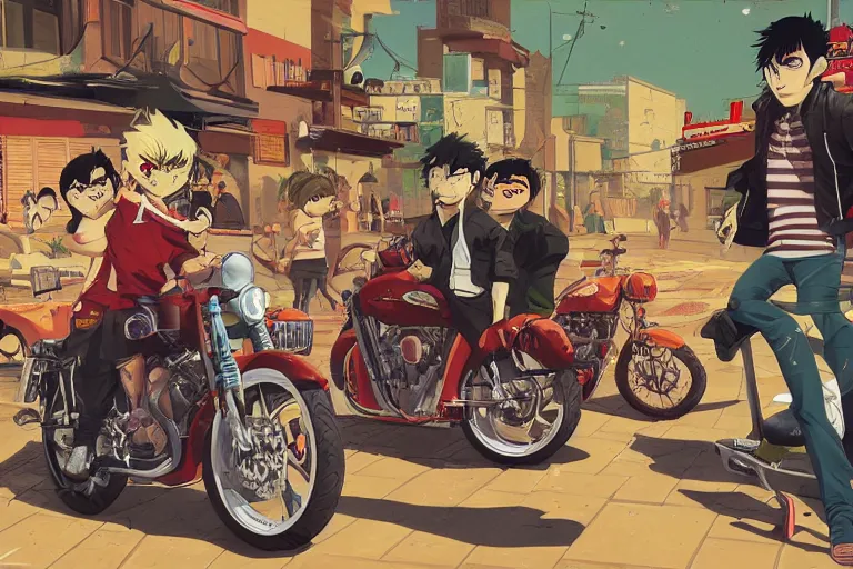 Image similar to pizza restaurant, akira's motorcycle, gorillaz, poster, 8k