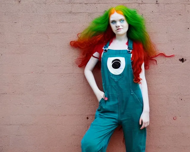 Image similar to A young lady with a round face, very long bright red hair, big green eyes, barefoot, wearing a teal t-shirt and gold overalls, award winning photograph