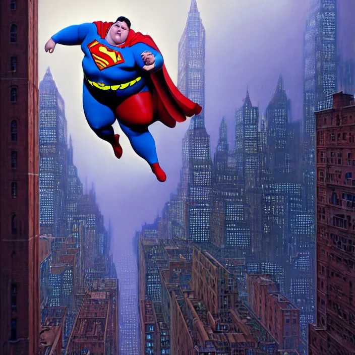 Image similar to hyperrealistic mixed media portrait of a a mordidly obese superman floating through the air over empty city streets at midnight, despair, stunning 3d render inspired art by P. Craig Russell and Barry Windsor-Smith + perfect facial symmetry + dim volumetric lighting, 8k octane beautifully detailed render, post-processing, extremely hyperdetailed, epic composition, grim yet sparkling atmosphere, cinematic lighting + masterpiece, trending on artstation