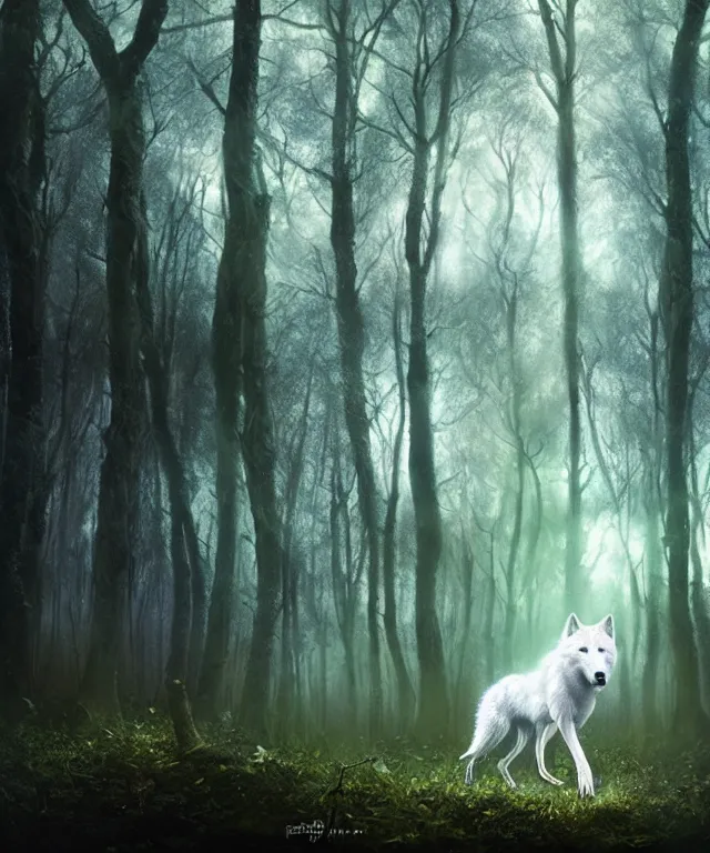 Image similar to a realistic white wolf, walking through a psychedelic forest, wide angle landscape shot, by national geographic and tom bagshaw