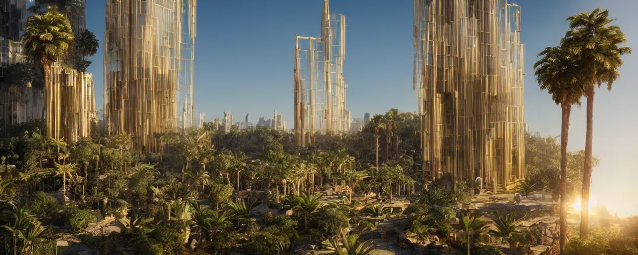 Image similar to contemporary golden babylon tower, sacred ancient architecture, hanging gardens, cascading highrise, arid mountains with lush palm forest, sunlight, post - production, octane, cgi, sfx