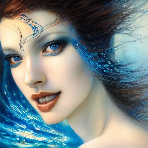 Image similar to a beautiful dancer manipulating water by karol bak, ayami kojima, artgerm, river, water, blue eyes, smile, concept art, fantasy