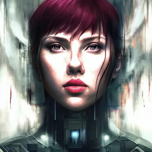 Prompt: scarlett johansson ghost in the shell costume in a spooky forest, hq artwork, coherent, insane detail, concept art, character concept, character full body portrait