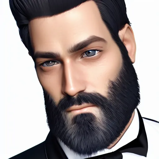 Image similar to a highly detailed portrait of a man, with a brown beard and hair, blue eyes, wearing a tuxedo, artstation, deviantart, professional, octane render