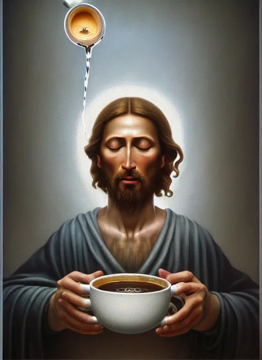 Image similar to hyper detailed 3d render like an Oil painting - Portrait of Jesus Christ drinking coffee by Jacek Yerka, Mariusz Lewandowski, Houdini algorithmic generative render, Abstract brush strokes, Masterpiece, Edward Hopper and James Gilleard, Zdzislaw Beksinski, Mark Ryden, Wolfgang Lettl, hints of Yayoi Kasuma, octane render, 8k