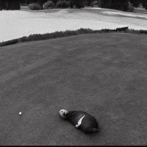 Image similar to cctv footage of a walrus sleeping on a golf course,