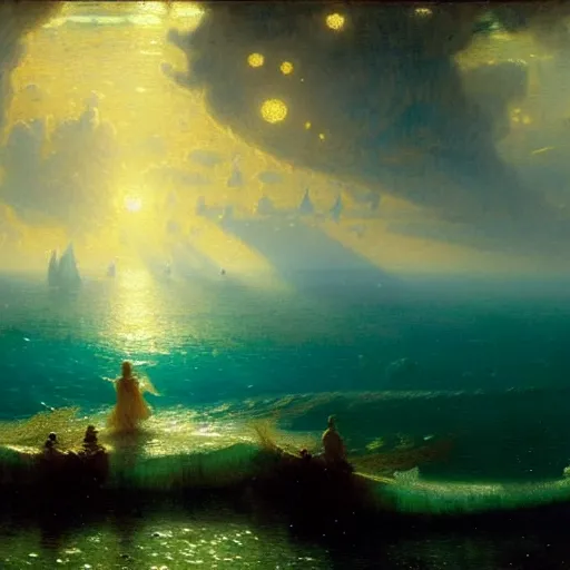 Image similar to point of view of deep in the ocean looking up, you see fishes, the milk way, night time, midnight, no sunlight. highly detailed painting by gaston bussiere, greg rutkowski 8 k