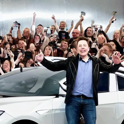 Prompt: elon musk pointing at the stars while people are crowding around