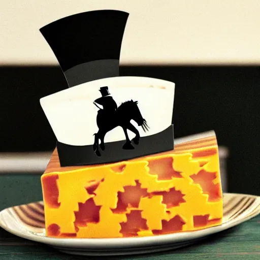 Image similar to cheese with a tophat riding a horse