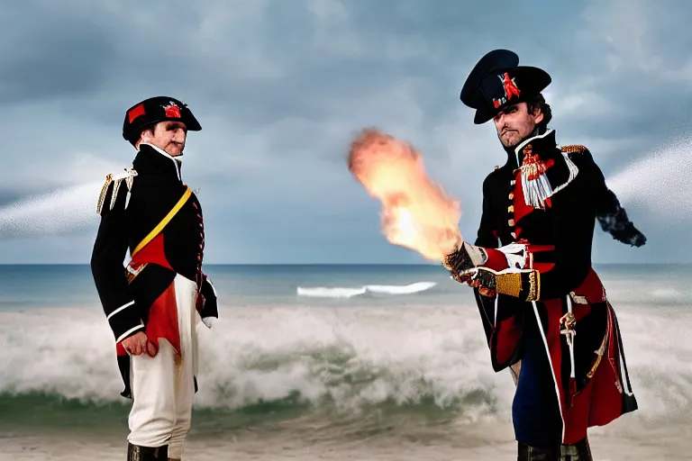 Image similar to closeup portrait of emmanuel macron dressed as napoleon firing cannons on the beach england, natural light, sharp, detailed face, magazine, press, photo, steve mccurry, david lazar, canon, nikon, focus