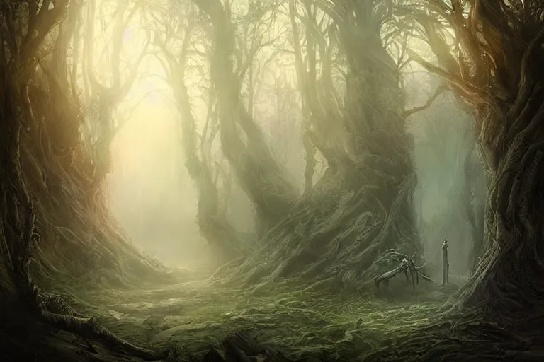 Image similar to an old elven wood, a view to an eerie fantasy world, portal to new york ethereal back light, mist, coherent composition, detailed fantasy painting by yuumei