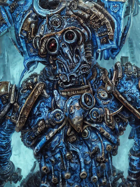 Image similar to portrait art of 8k ultra realistic undead eldritch horror space marine blue , detailed intricate ornate armour,decaying, cybernetic, full of colour, cinematic lighting, battered, trending on artstation, 4k, hyperrealistic, focused, extreme details,unreal engine 5, cinematic, masterpiece, art by ayami kojima, giger