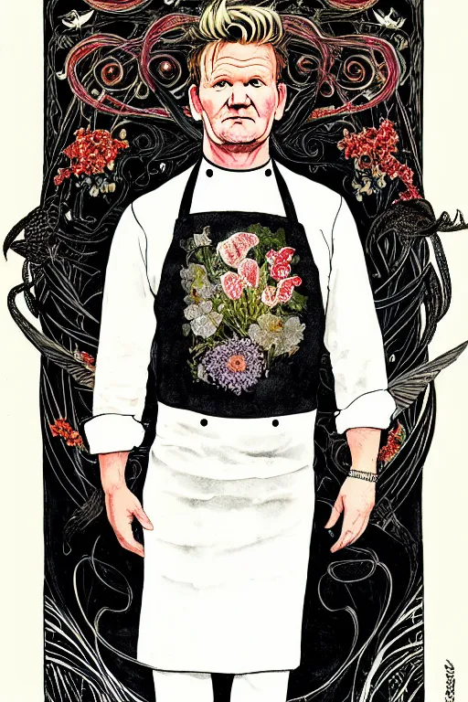 Image similar to realistic portrait of gordon ramsay in the center of an ornate black floral and black wings frame, detailed art by kay nielsen and walter crane, illustration style, watercolor