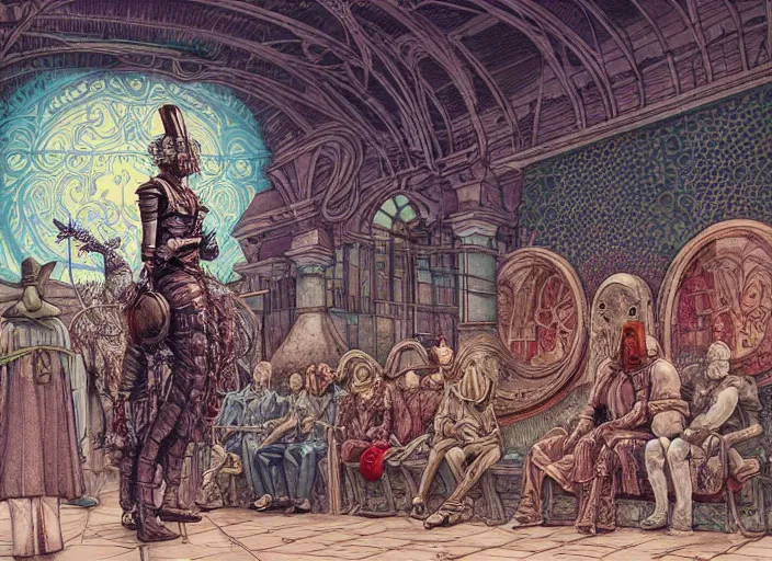 Prompt: scene from bus station, renaissance knight executioner fashion model, worms intricated, art by james jean, exquisite details, background sea fractal of pale color holy mountain, painted by moebius