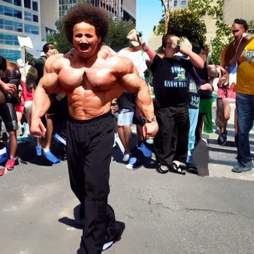 Image similar to BodyBuilder with EricAndre!! in his stomach, Screaming into Air, Bernie Sanders Supporters Cheering around him, 4K