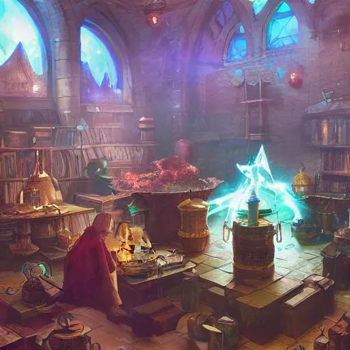 Image similar to an alchemist fantasy lab, potions, stills, complex devices, concept art illustration, color page, tone mapping, akihiko yoshida, james jean, andrei riabovitchev, marc simonetti, digital illustration, greg rutowski, volumetric lighting, sunbeams, particles