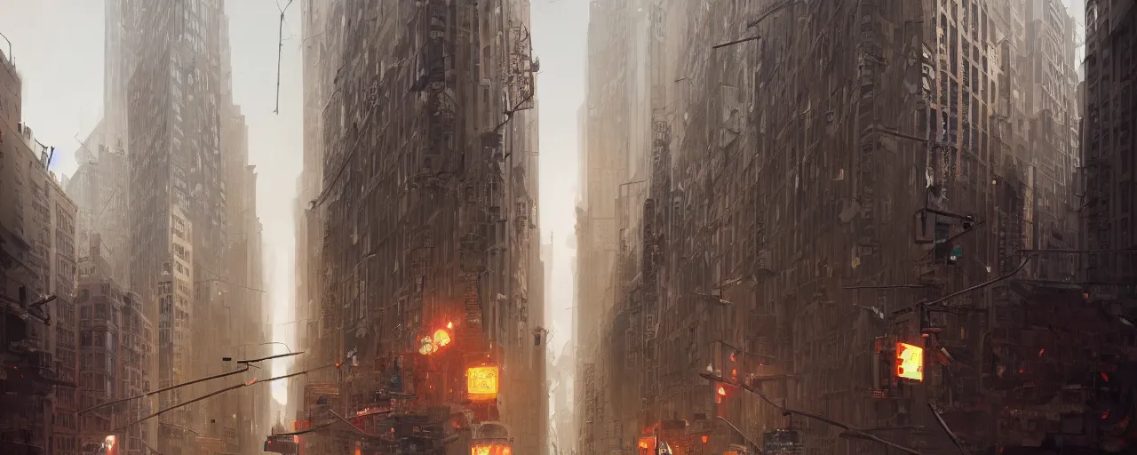 Image similar to new york city block. architecture. cinematic lighting. trending on artstation. cgsociety. art by greg rutkowski and william o'connor