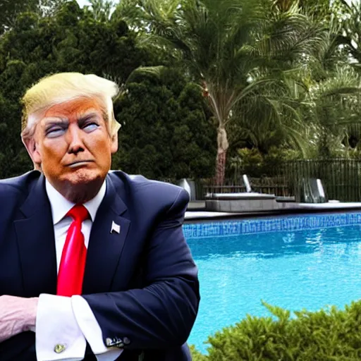 Prompt: Donald trump posing by the pool, photograph