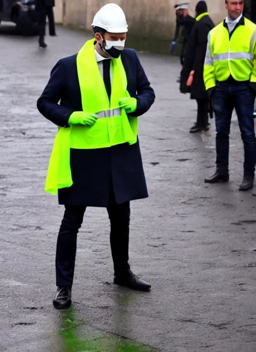 Prompt: macron wearing hivis coat, hard hat and rubber gloves