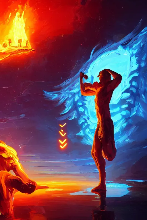 Image similar to the god prometheus handing a man a computer on fire, the fire is made of binary code, digital painting bioluminance alena aenami artworks in 4 k design by lois van baarle by sung choi by john kirby artgerm style pascal blanche and magali villeneuve