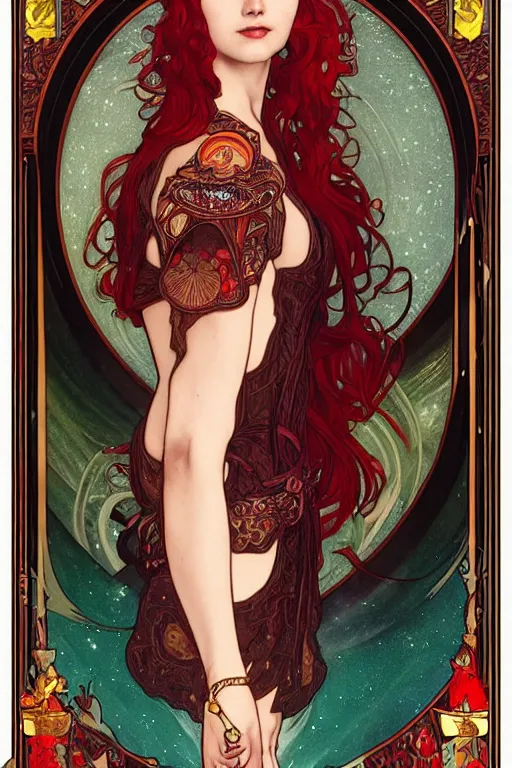 Image similar to a full body tarot card of the red haired tjocc empress of eternity, space, universe, portrait, highly detailed, deep focus, elegant, digital painting, smooth, sharp focus, illustration, ultra realistic, 8 k, art by artgerm and alphonse mucha