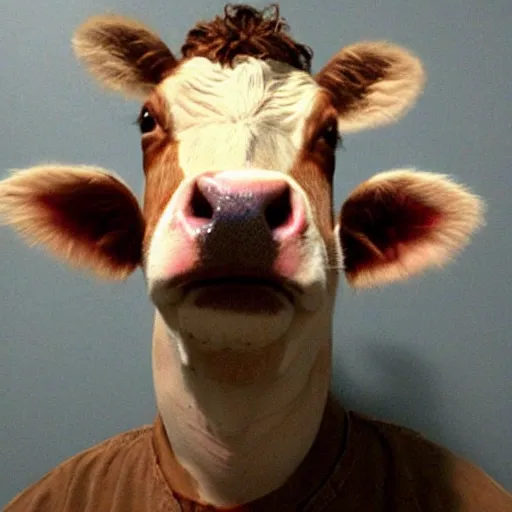 Prompt: mugshot of a cow dressed as an inmate