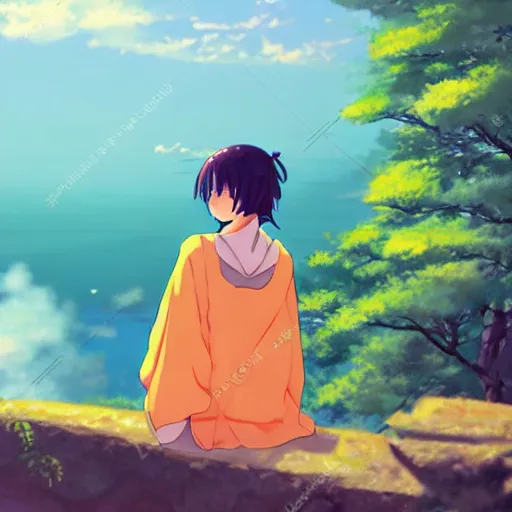 Prompt: an anime girl wearing a kimono sitting on a cliff looking towards a meteor flying overhead, in the style of makoto shinkai - h 7 2 0 - w 1 2 8 0