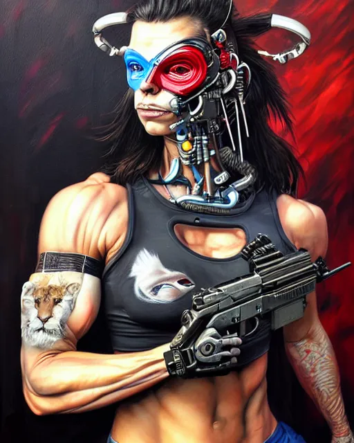 Prompt: a portrait of a muscular anthropomorphic cyberpunk puma by sandra chevrier, by jon foster, detailed render, pistol in holster, tape deck, epic composition, cybernetics, 4 k realistic, cryengine, realistic shaded lighting, sharp focus, masterpiece, by enki bilal