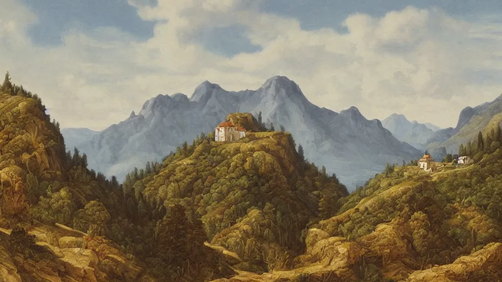 Image similar to detailed naturalism landscape painting of a monastery on the top of a rough, steep mountain with great view on other mountains, epic