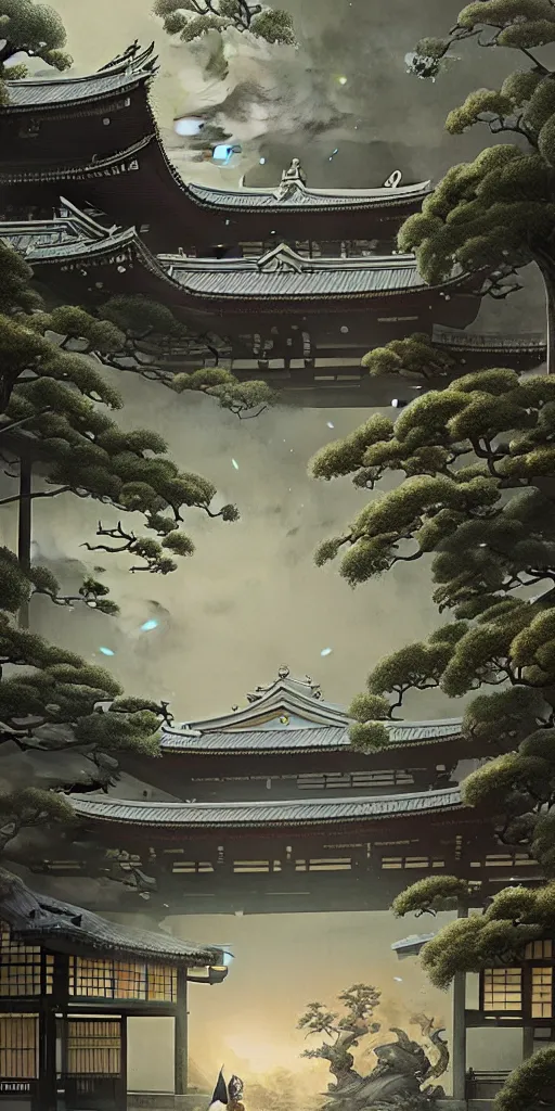 Prompt: japanese style palace under attack, hyper realistic, lush gnarly plants, 8 k, denoised, by greg rutkowski, tom bagshaw, james gurney cozy atmospheric and cinematic lightingg