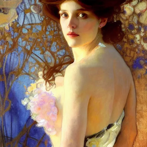 Image similar to portrait of a beautiful woman by gil elvgen, greg manchess, mucha, sorrolla, john singer sargent