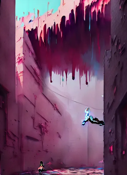 Image similar to matte painting extreme offset 3 d calligraphy graffiti mural dripping paint wall extreme maximalism by by atey ghailan, by greg rutkowski, by greg tocchini, by james gilliard, by joe fenton, by artur bordalo, pink, brown, black and light blue color scheme, octane render