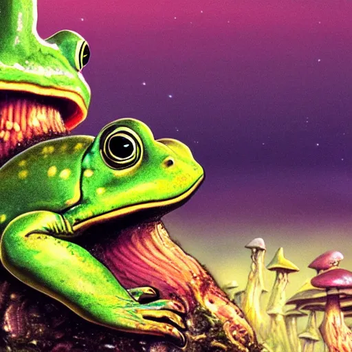 Image similar to A close up portrait of a dignified psychedelic godlike anthropomorphic frog smoking an anime blunt , magic mushroom village in background . award winning. superb resolution. in the art style of junji Ito and greg rutkowski . Detailed Mushroom city in background. Hyper realistic anime. Perfect art. Dalle2