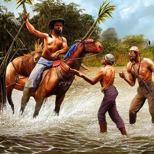 Prompt: water body, single bangla farmer fighting on hoseback, hand to hand combat with machete, wielding machete, full body view, long flowing water hair, fighting for his life, stormy ocean surrounding subject, horseback combat attacker foreground, background of invading army, nestor canavarro hyperrealist art style, sharp outlines