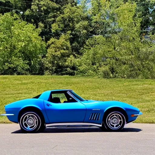 Image similar to a blue 1 9 6 9 corvette parked next to a 1 9 9 9 miata