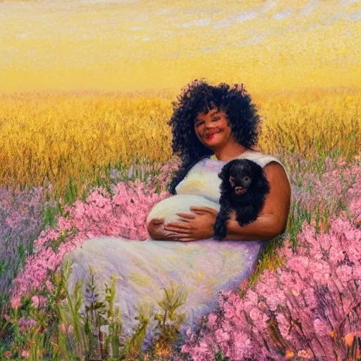 Image similar to pregnant black woman with curly hair in a vast field of flowers, laying down, a tiny black puppy running around, golden hour, vintage, impressionist painting, fine art, oil painting, dreamy, pastel, laughing, happy, intricate details, sharp, peaceful, serene