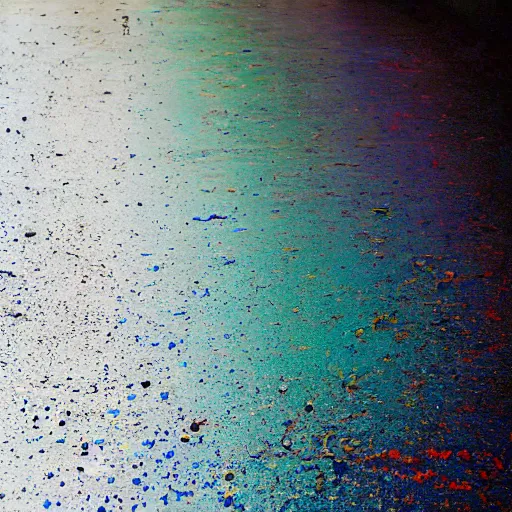Prompt: prismatic, poisoned tears, falling too the oil - streaked concrete