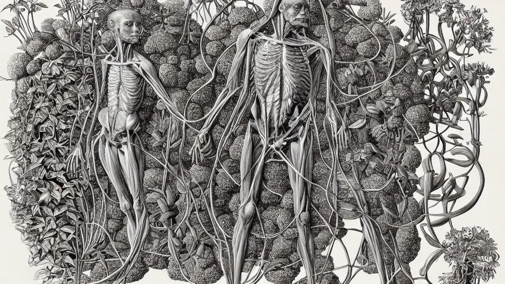 Image similar to highly detailed illustration of a single human anatomy body surrounded by all the known species of plants and flowers by juan gatti, by moebius!, by leonardo da vinci!!, by oliver vernon