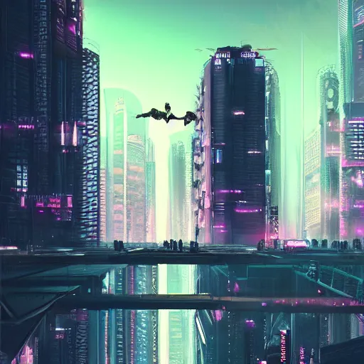 Image similar to a man standing on top of a bridge over a city, cyberpunk art by Vincent Lefevre, behance contest winner, altermodern, cityscape, synthwave, matte painting