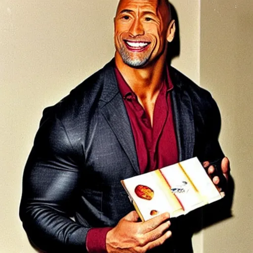 Prompt: dwayne johnson eating at a pizza hut in the 1 9 9 0 s. he is holding up a book - it paper.