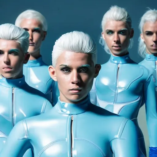 Image similar to troop of identical athletic humans with white hair wearing tight light blue latex suits, in formation, futuristic chemistry lab, sci - fi, highly detailed, hyperrealistic