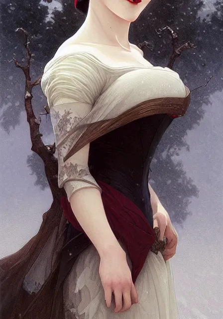Image similar to snow white vampire, intricate, elegant, highly detailed, digital painting, artstation, concept art, smooth, sharp focus, illustration, art by artgerm and greg rutkowski and alphonse mucha and william - adolphe bouguereau
